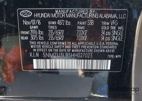 2017 Hyundai Santa Fe Sport 2.4L z USA, uszkodzony, nr VIN 5NMZU3LB5HH027023